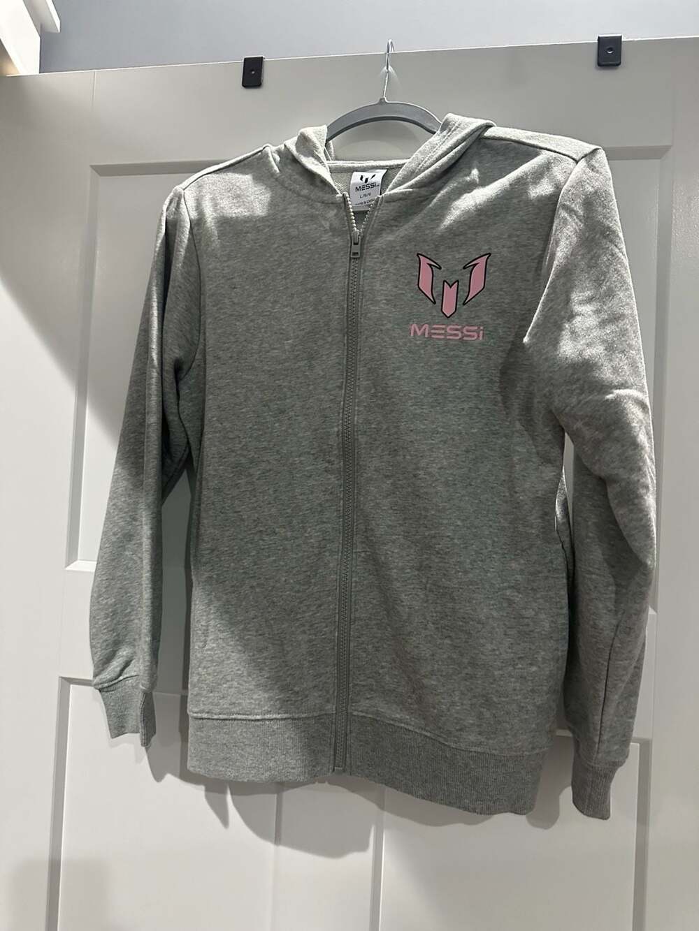 Messi Brand Grey Full-Zip Hoodie with Pink Logo and Back Graphic